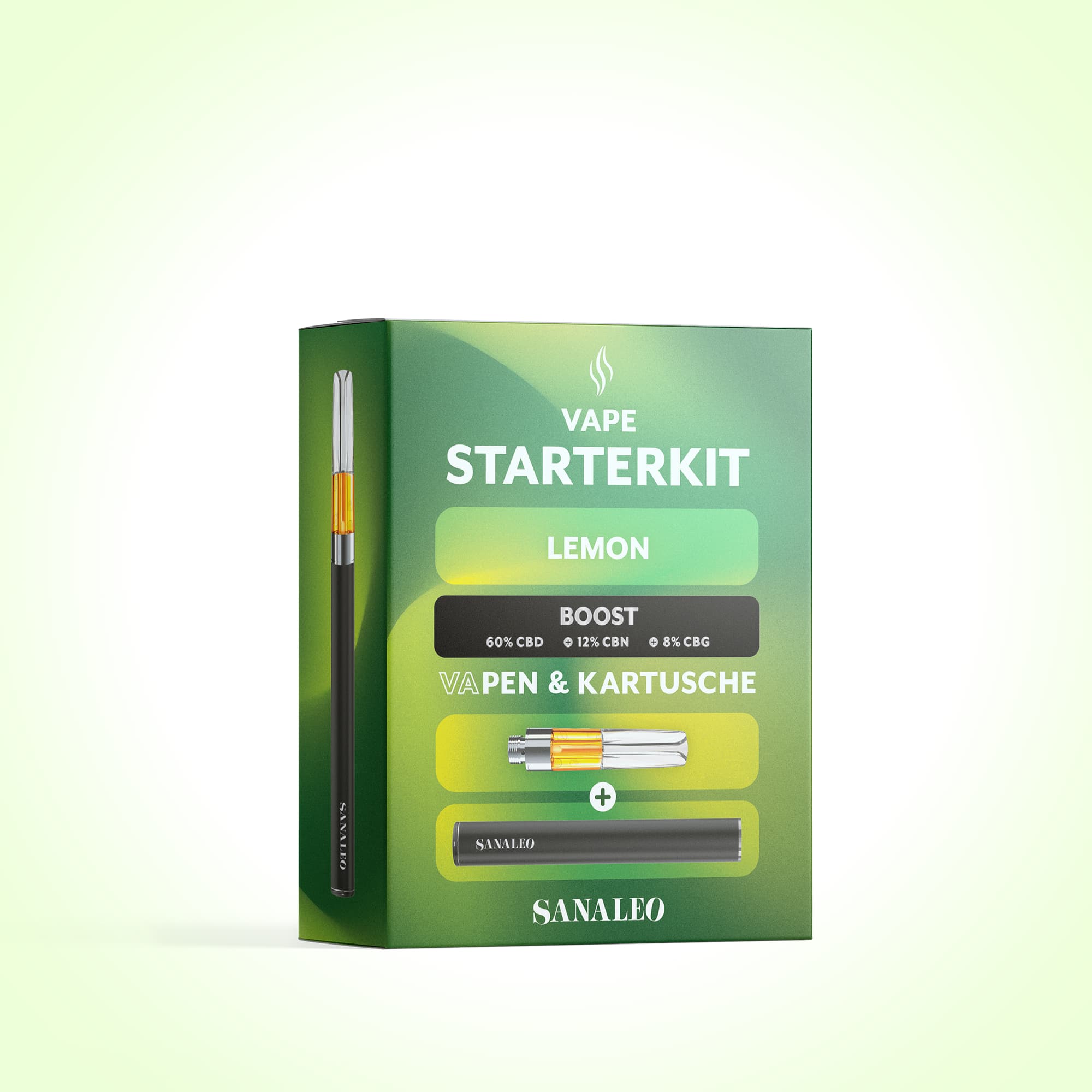 Grüne Verpackung eines Vape Starterkits LEMON mit Cartridge und Sanaleo Pen