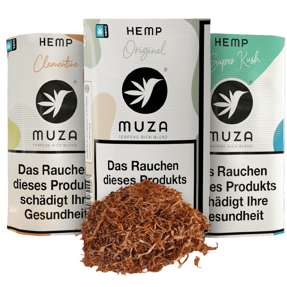 MUZA Hemp Set mit drei Nutzhanf-Sorten Original, Super Kush und Clementine, Rolling Tray und Longpapes