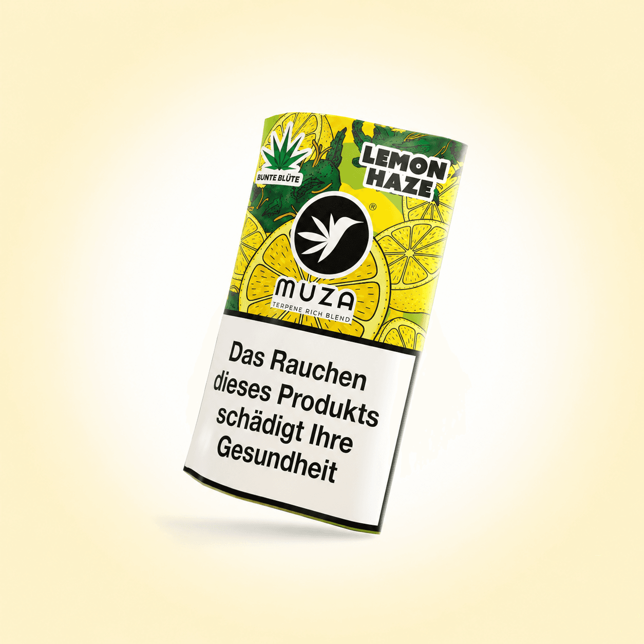 MUZA Hemp Super Lemon Haze Verpackung mit Zitronen-Motiv, nikotinfreier Tabakersatz