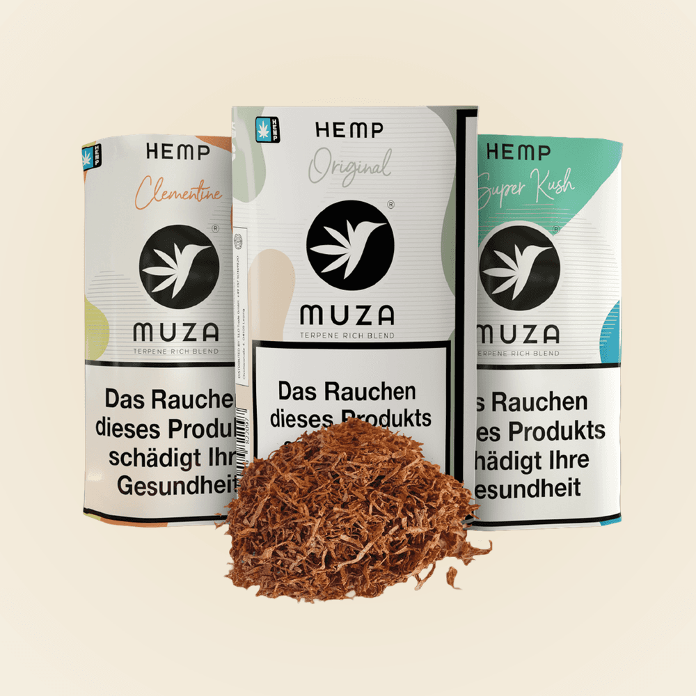 MUZA Hemp Set mit drei Nutzhanf-Sorten Original, Super Kush und Clementine, Rolling Tray und Longpapes