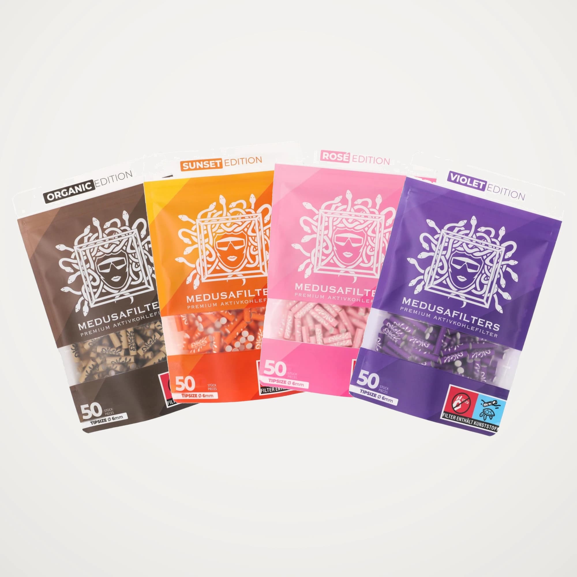 Vier Medusafilters Aktivkohlefilter Beutel gefaechert: Organic, Sunset, Rose und Violet, je 50 Stueck