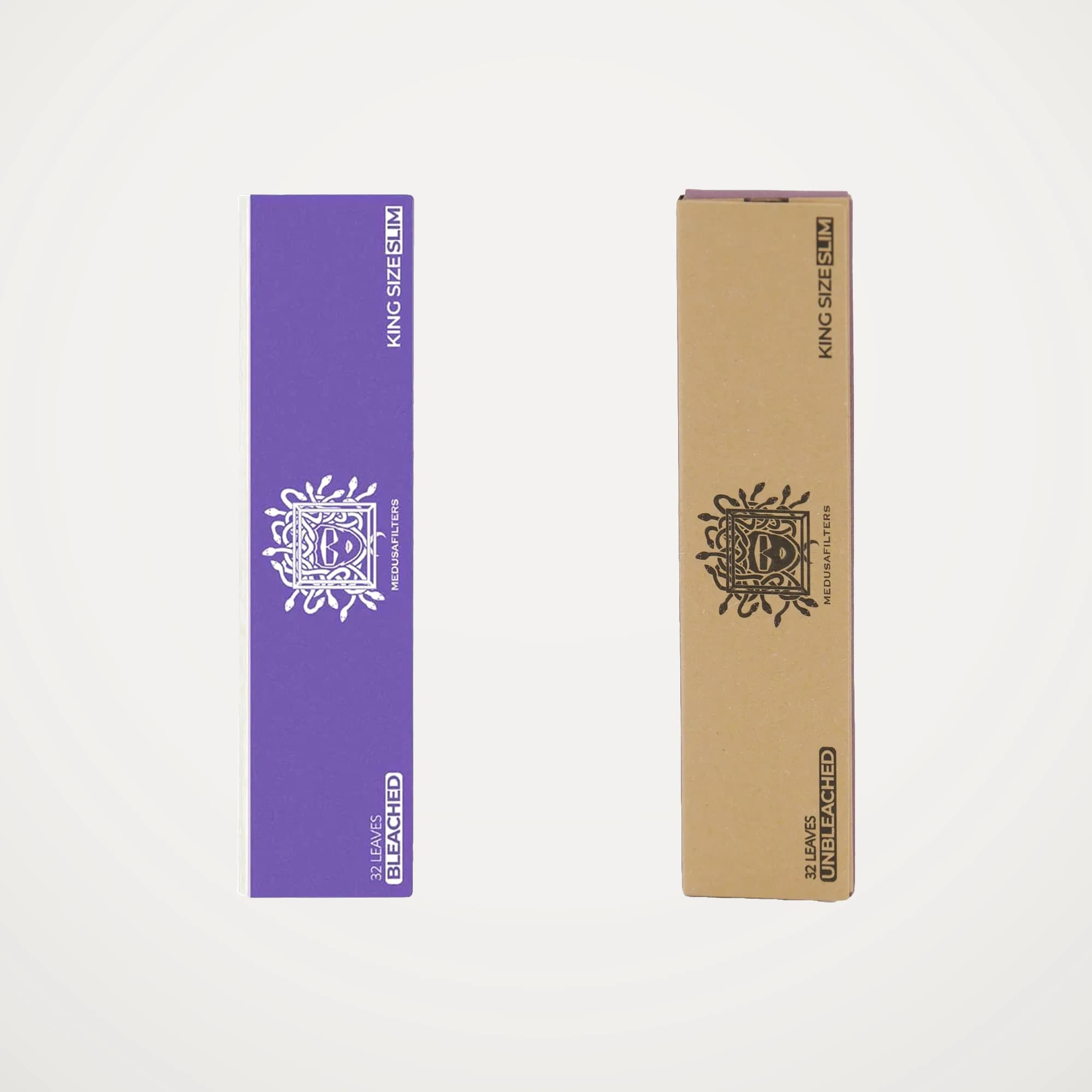 Zwei Medusafilters King Size Slim Papers Heftchen nebeneinander: violett Bleached und braun Unbleached, je 32 Blaettchen
