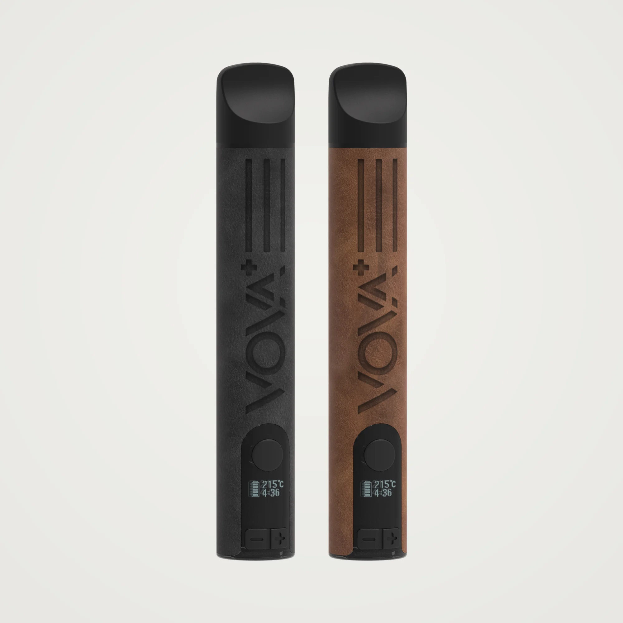 VOVA Plus Vaporizer in Black Leather und Brown Leather nebeneinander, CBD-Vaporizer mit veganem Lederbezug und OLED-Display
