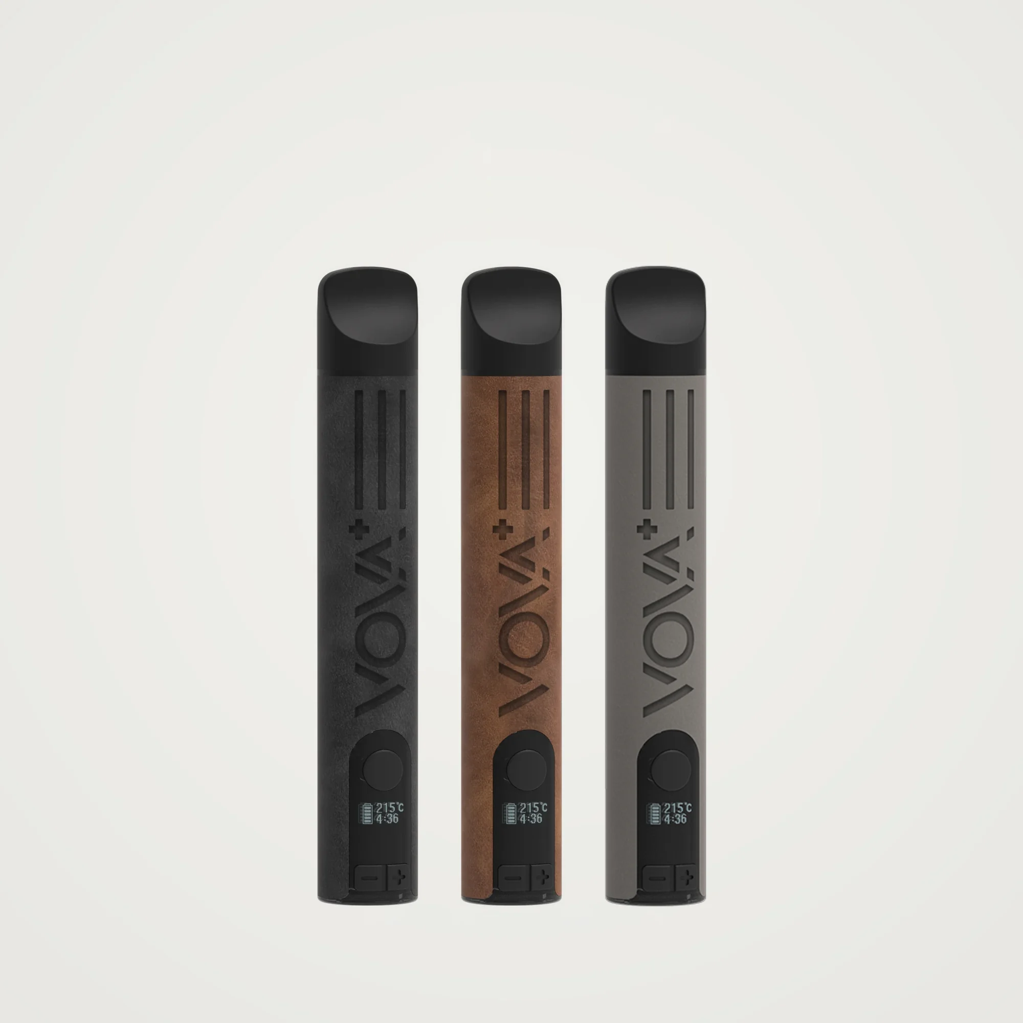 VOVA Plus Vaporizer in Black Leather, Brown Leather und Grey Leather nebeneinander, CBD-Vaporizer mit veganem Lederbezug und OLED-Display