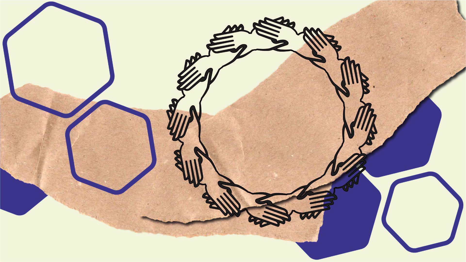 Bildcollage: Ein Kreis von Händen der ineinandergreift, im Hintergrund Oktagons, gelbe Hintergrundfläche