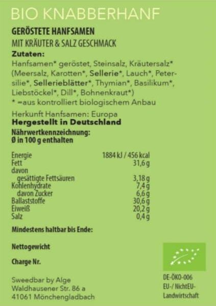 Bio Knabberhanf Kräuter und Salz Nährwerte - Sanaleo CBD