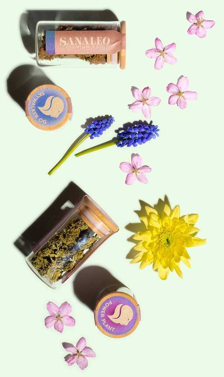 Collage mit CBD-Produkten mit Blüten und Blumen