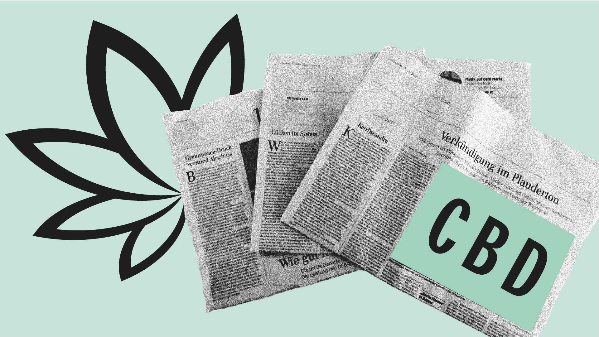 Collage von Hanfblatt und Zeitungen in der CBD steht