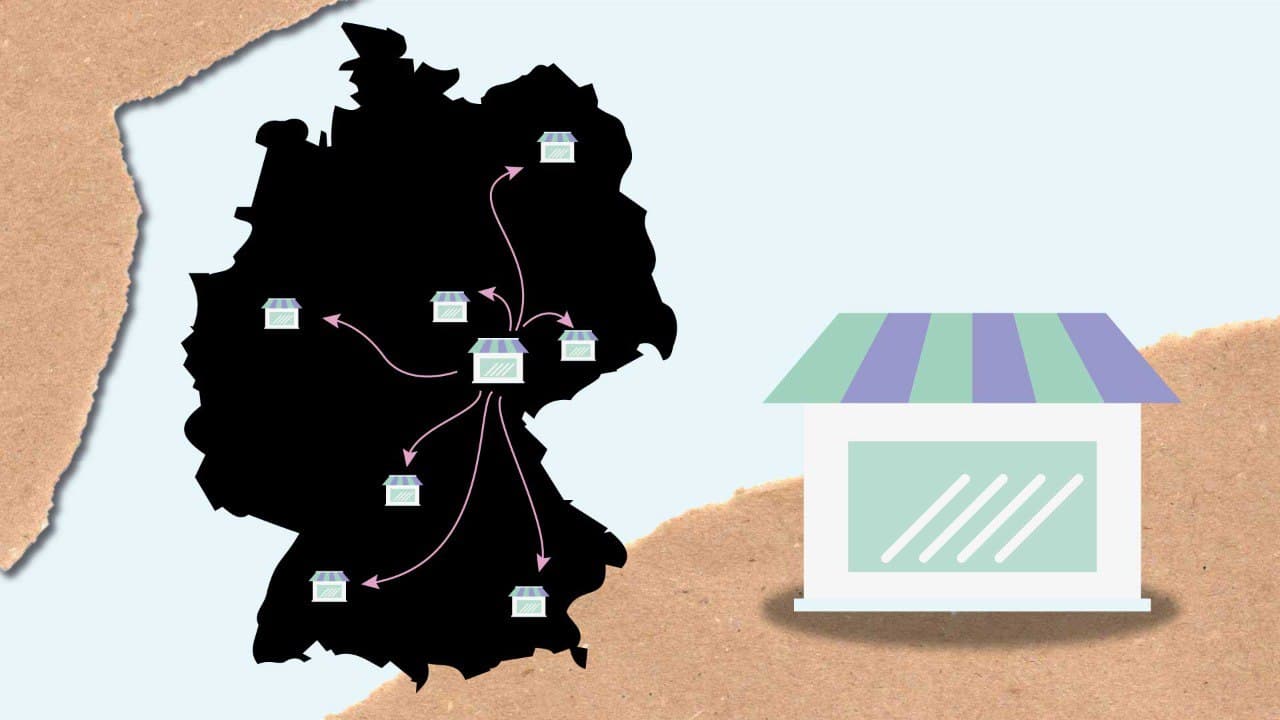 Deutschland Karte und eine Zeichnung von einem Geschäft als Symbol für den CBD Markt in Deutschland 