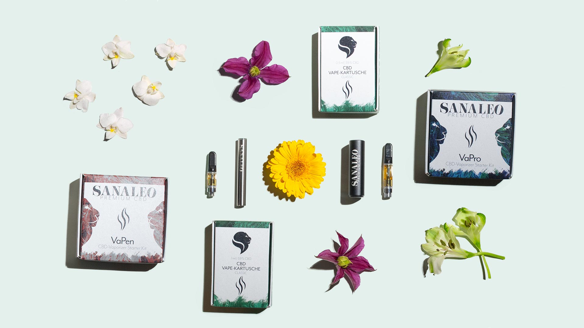 Collage bestehend aus CBD-Vaporizern und anderen Produkten in unserem Vape Sortiment sowie Blumen und anderen Dekoelementen