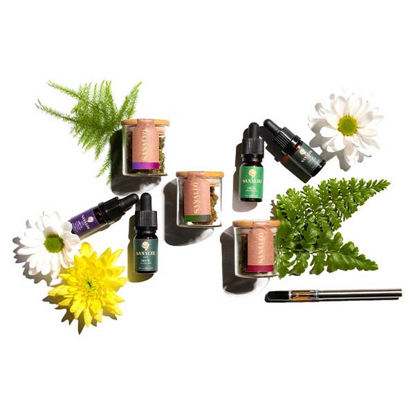 Collage von SANALEO CBD Produkten mit Blumen und Blättern